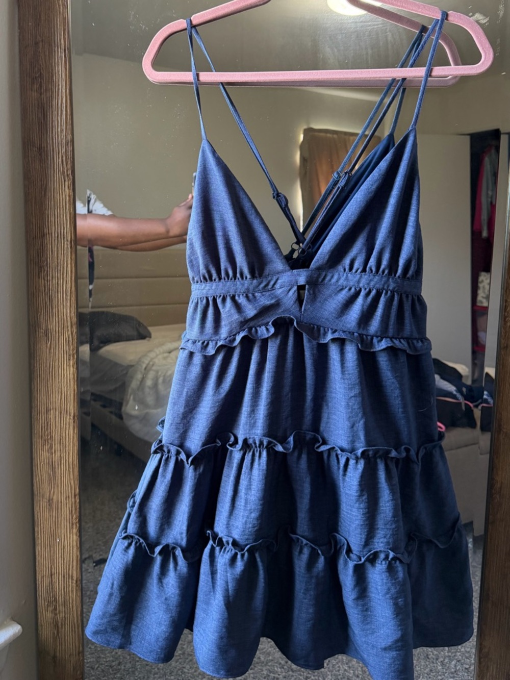 Denim Tiered Ruffle Spaghetti Strap Dress